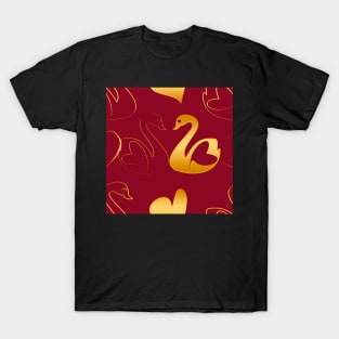 Golden swans in love on red T-Shirt